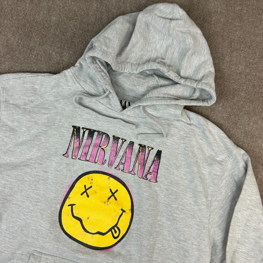 Nirvana Hoodie Men Large Heather Gray Cotton Graphic Xerox Happy Face Pink Lined